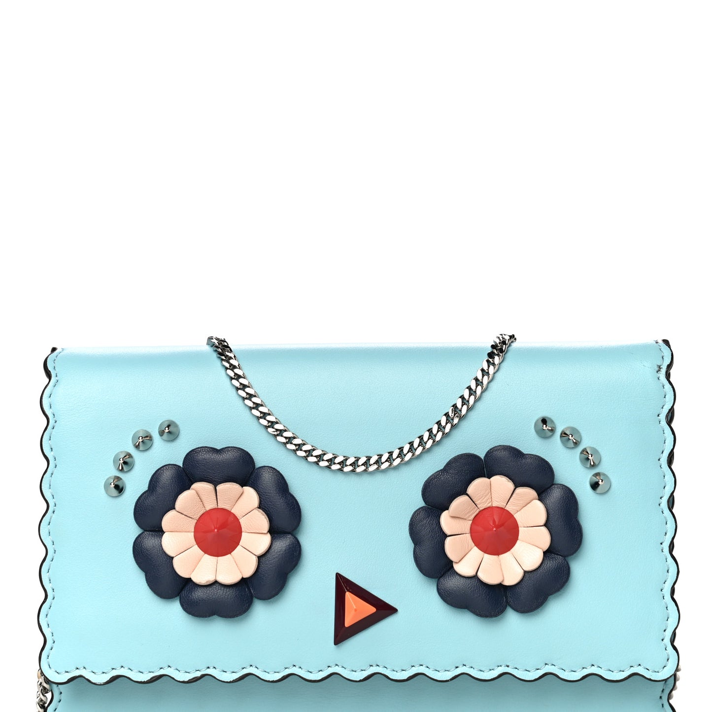 Vitello Century Lucido Nappa Hypnoteyes Scalloped Studded Tube Wallet on Chain Turchese Pallido Blueberry Multicolor