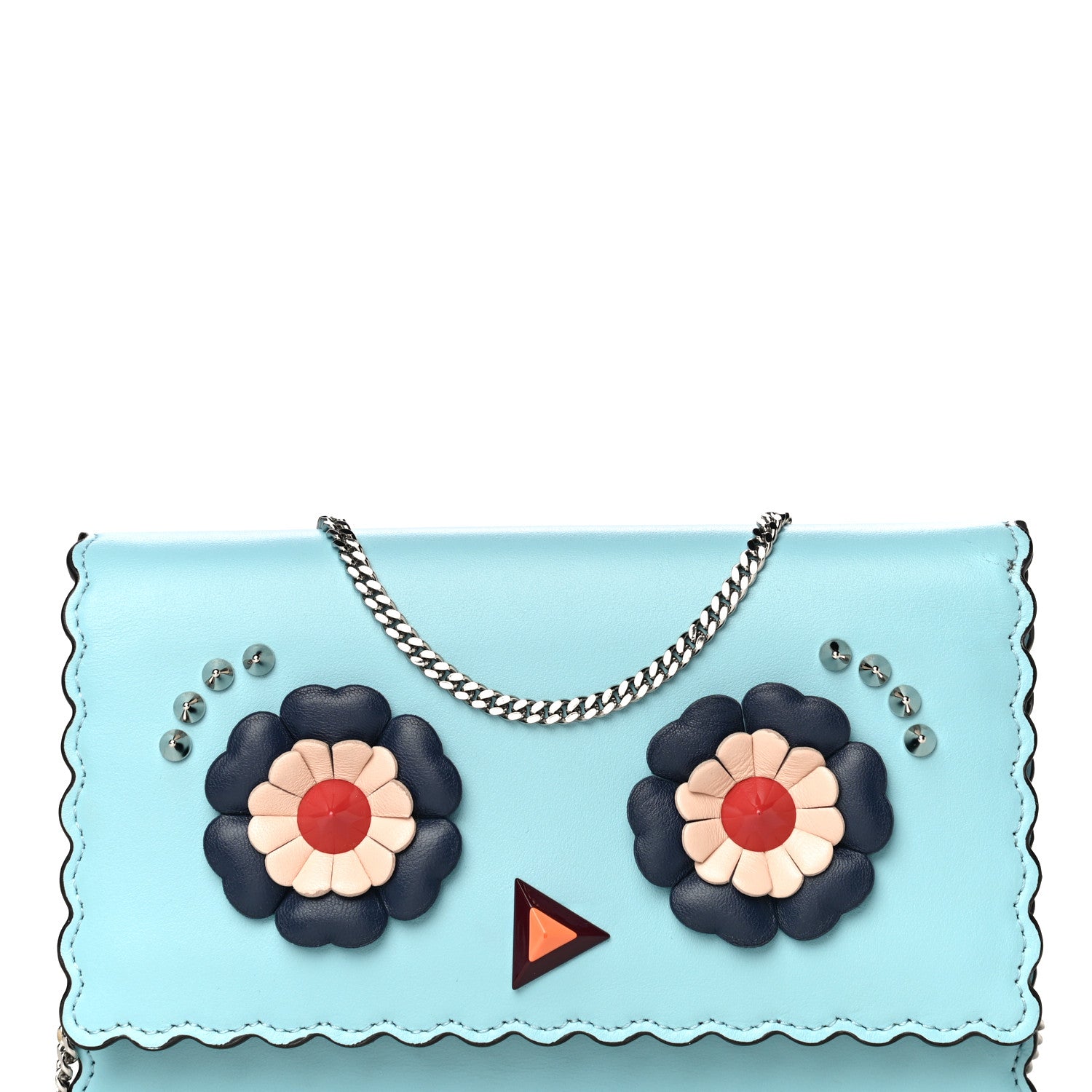 Fendi Vitello Century Lucido Nappa Hypnoteyes Scalloped Studded Tube Wallet on Chain Turchese Pallido Blueberry Multicolor 8 of 14