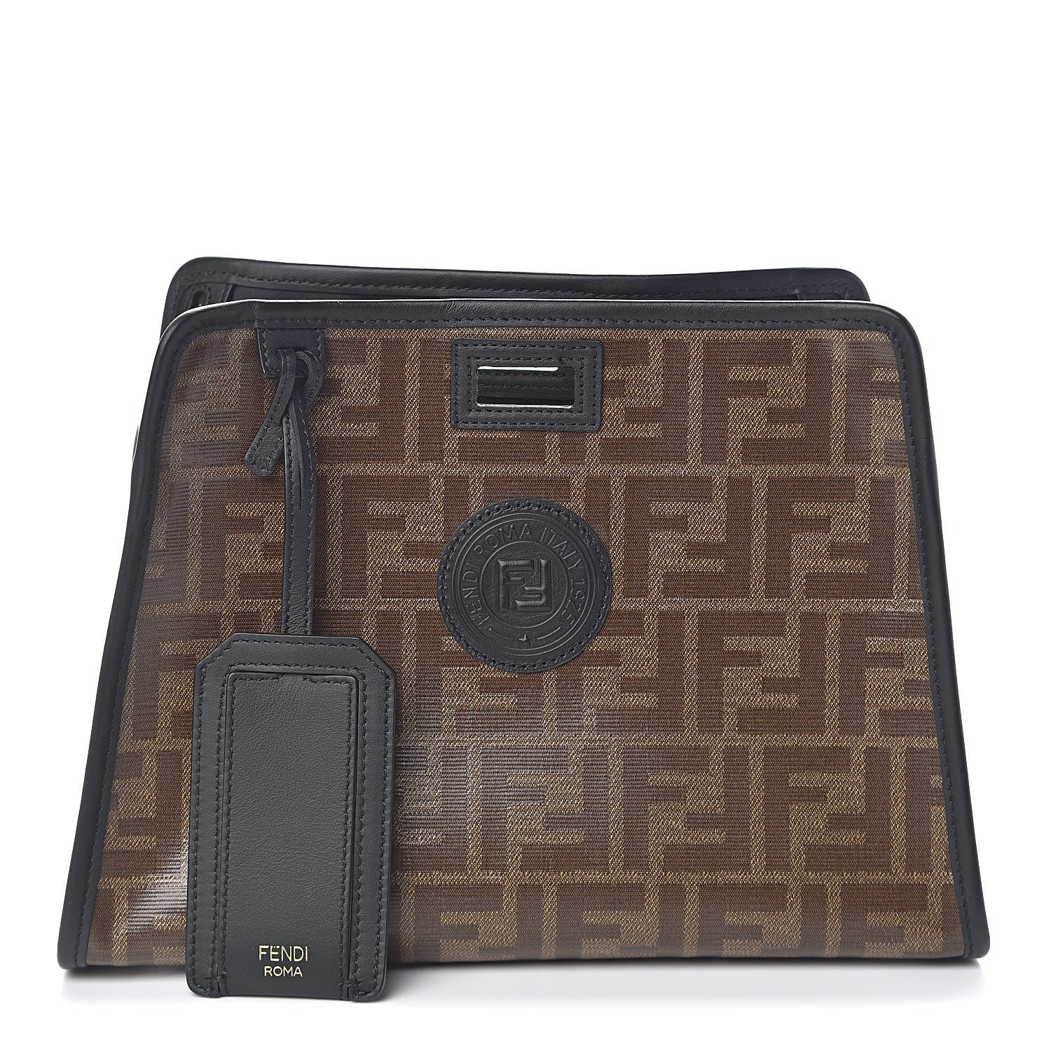 Fendi Glazed Fabric Vitello Century FF 1974 Stamp Patch Mini Peekaboo Defender Cover Mogano Panna Black 1 of 8