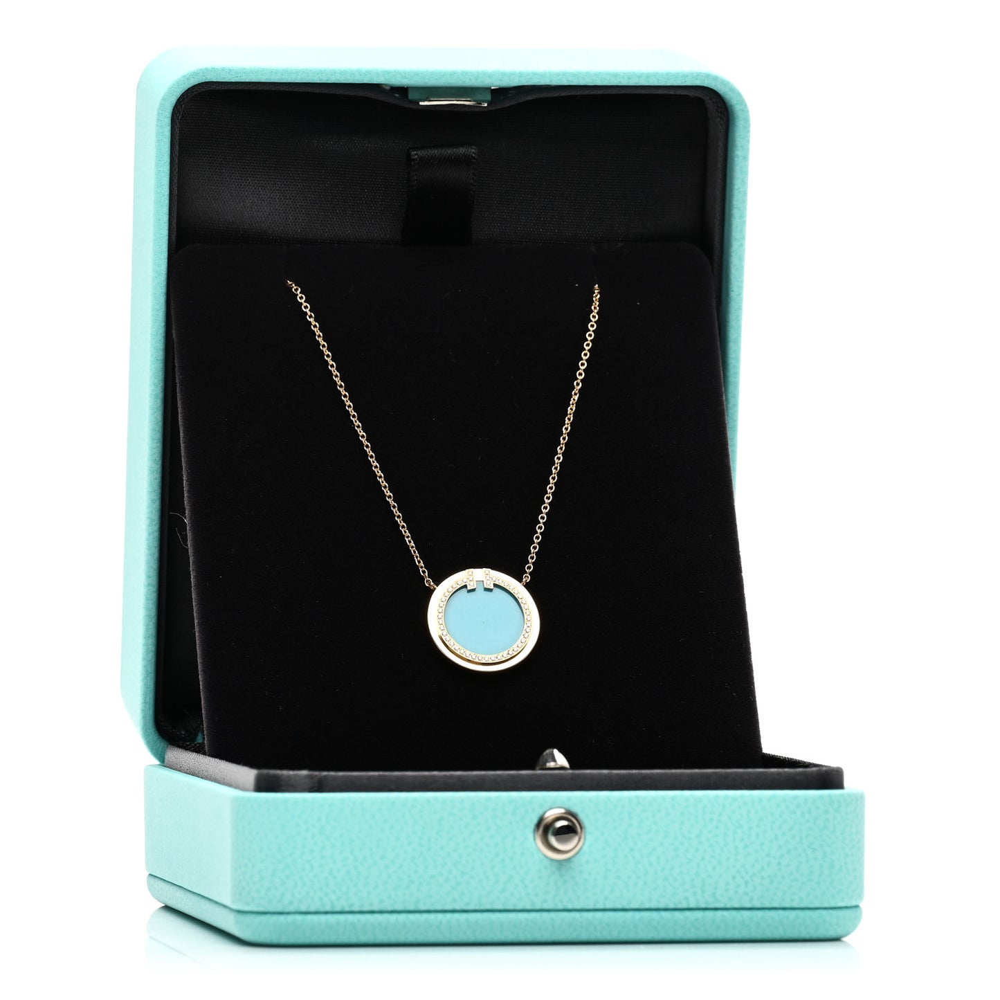 18K Yellow Gold Diamond Turquoise T Circle Pendant Necklace