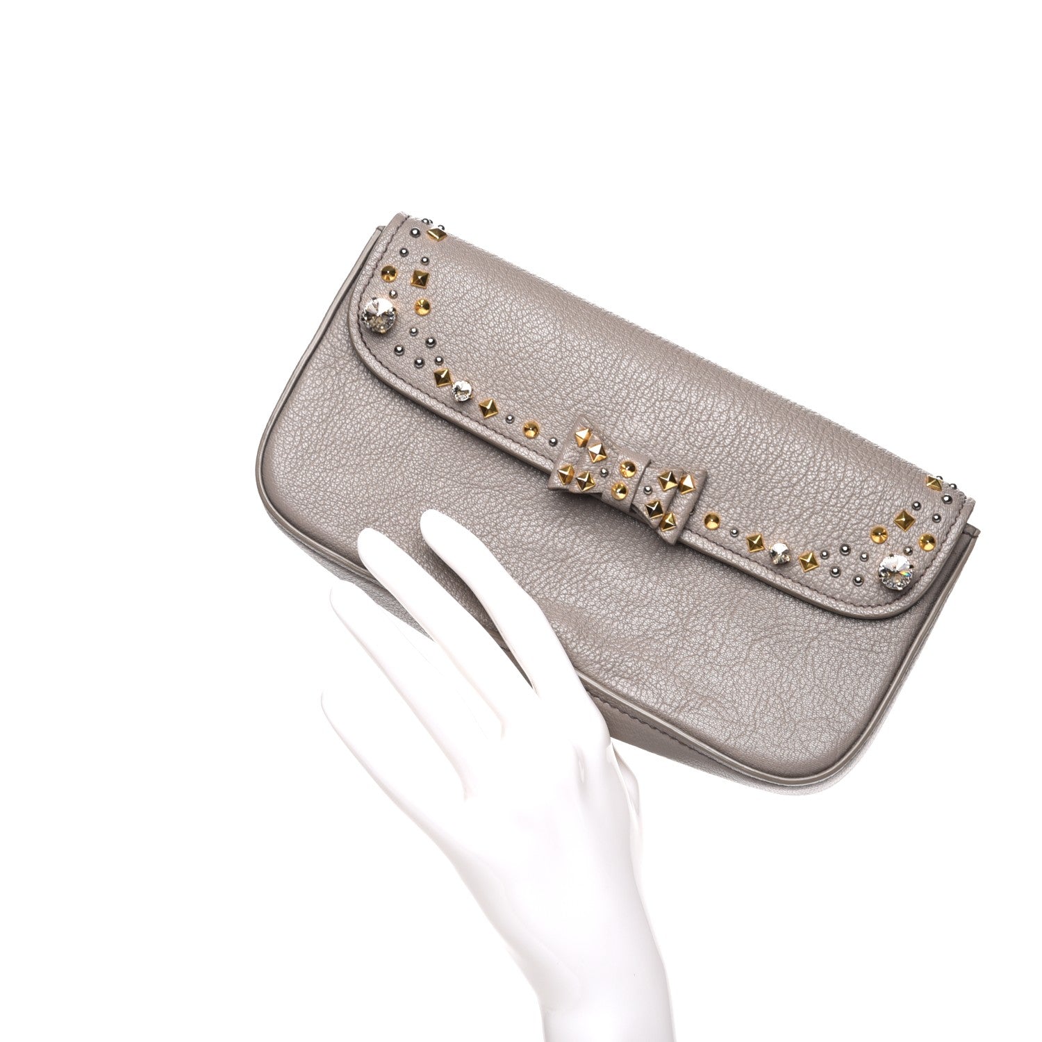Miu Miu Goatskin Madras Swarovski Crystal Studded Pochette Clutch Argilla 2 of 7