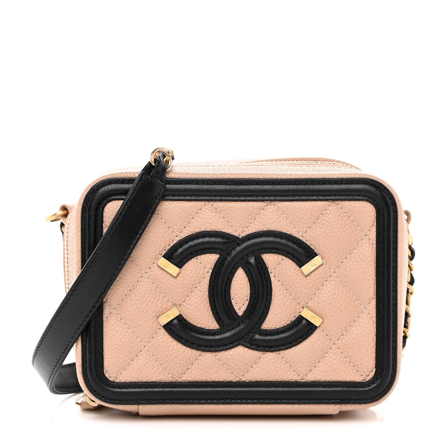 Caviar Quilted CC Filigree Vanity Clutch With Chain Beige Black
