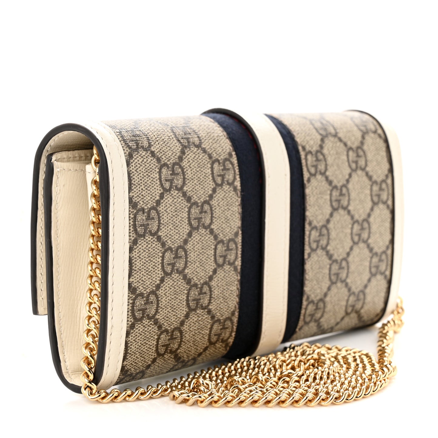 GG Supreme Monogram Textured Calfskin Web Jackie 1961 Chain Wallet Beige Ebony Mystic White