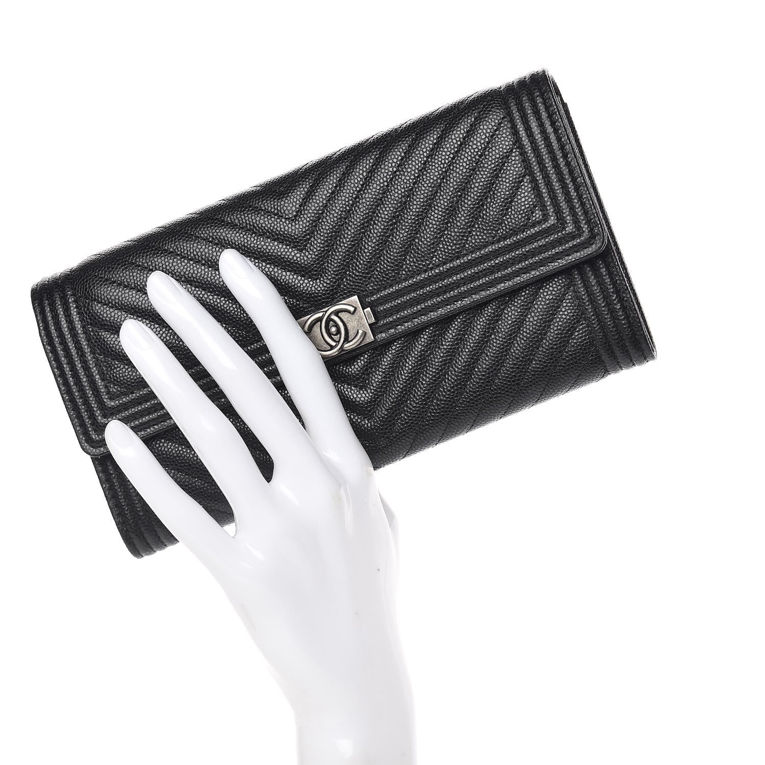 Chanel Caviar Chevron Quilted Large Boy Gusset Flap Wallet Black 2 of 9