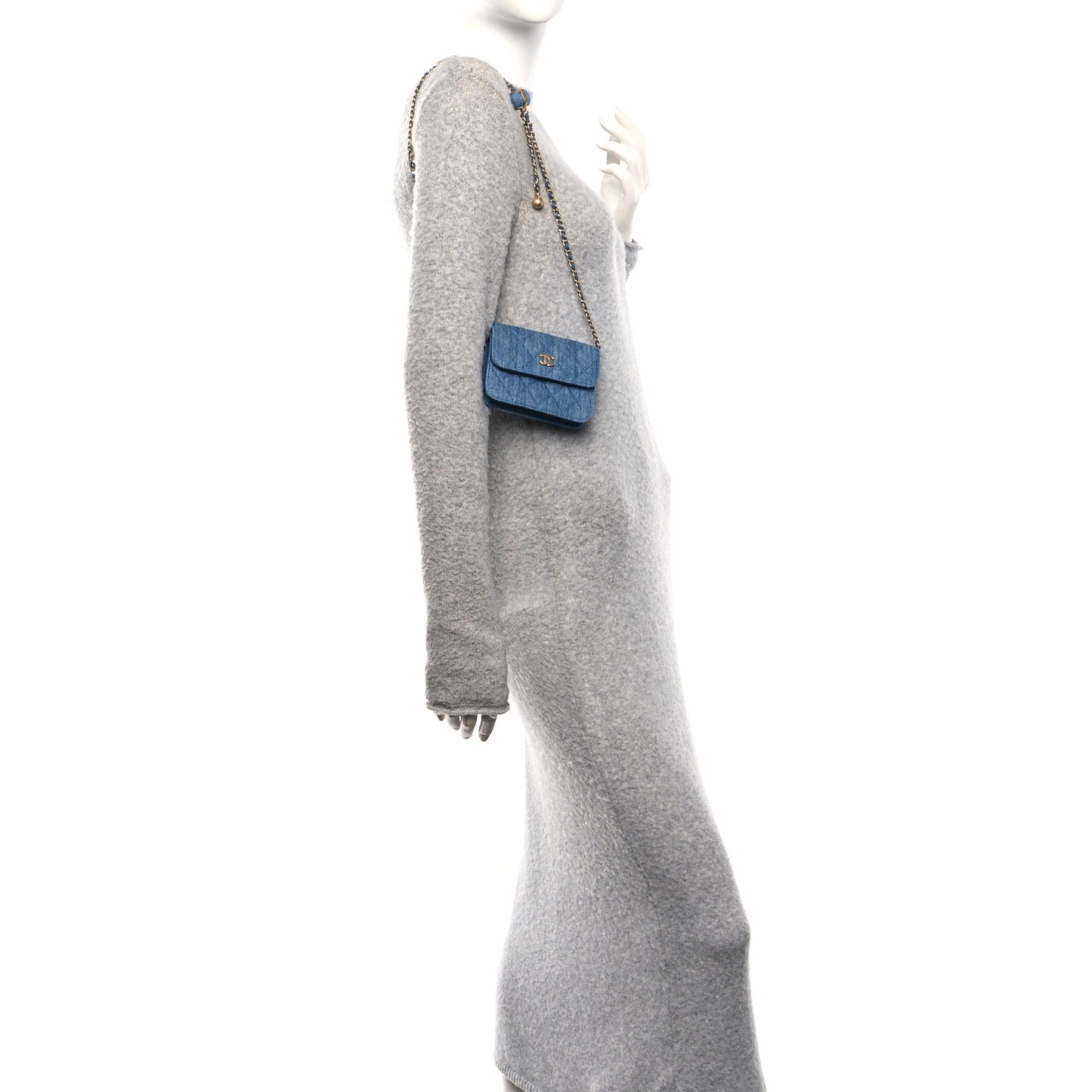 Denim Quilted CC Pearl Crush Clutch With Chain Blue Blue