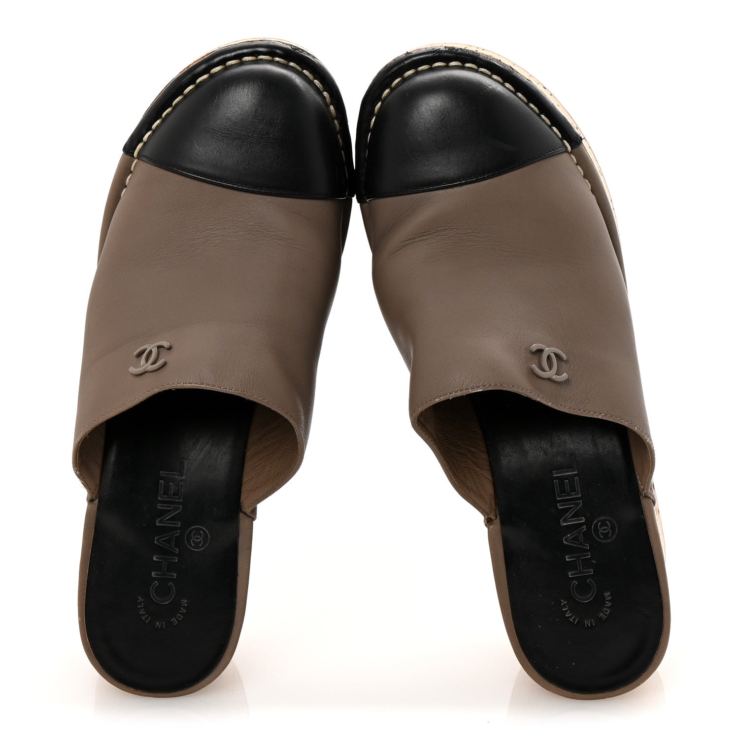 Chanel Calfskin Cork Cap Toe CC Clogs 38.5 Taupe Black 2 of 9