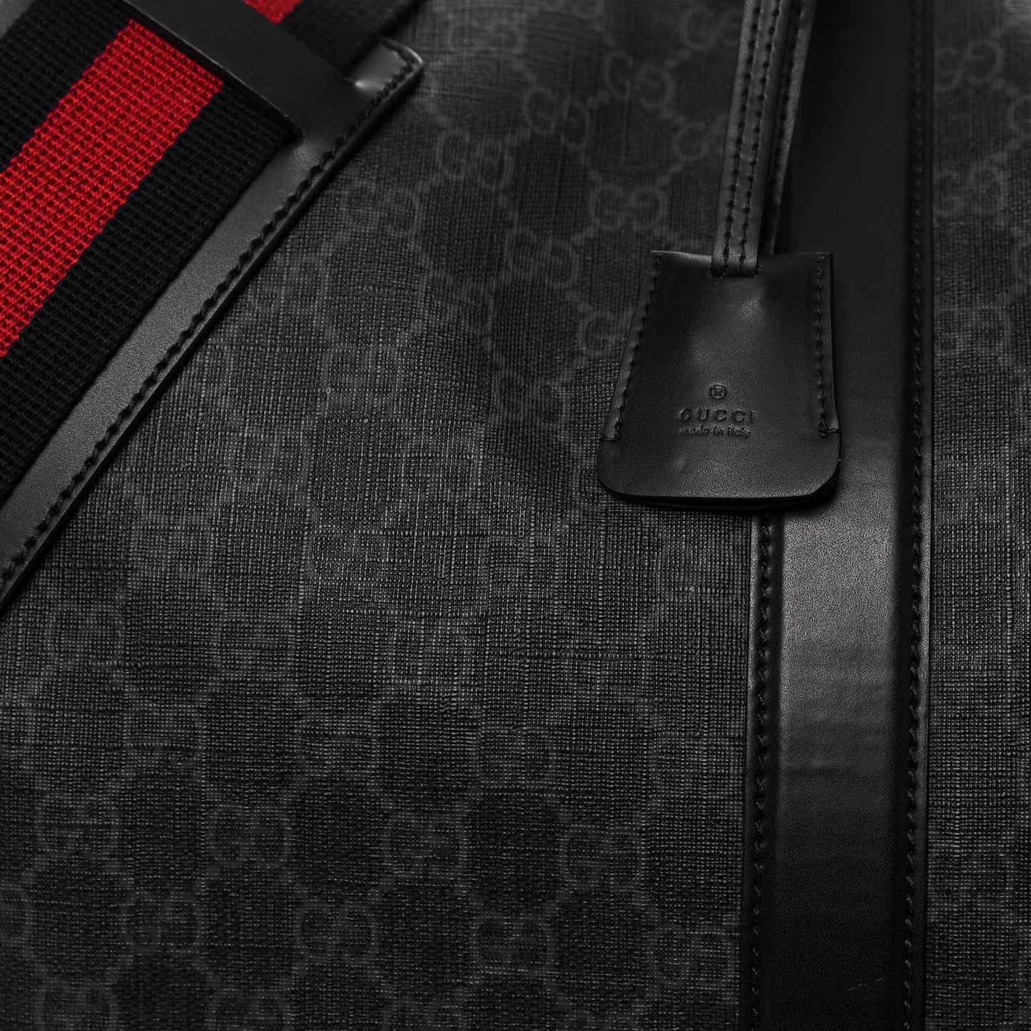 Soft GG Supreme Monogram Appia Calfskin Web Large Carry On Duffle Bag Black Grey