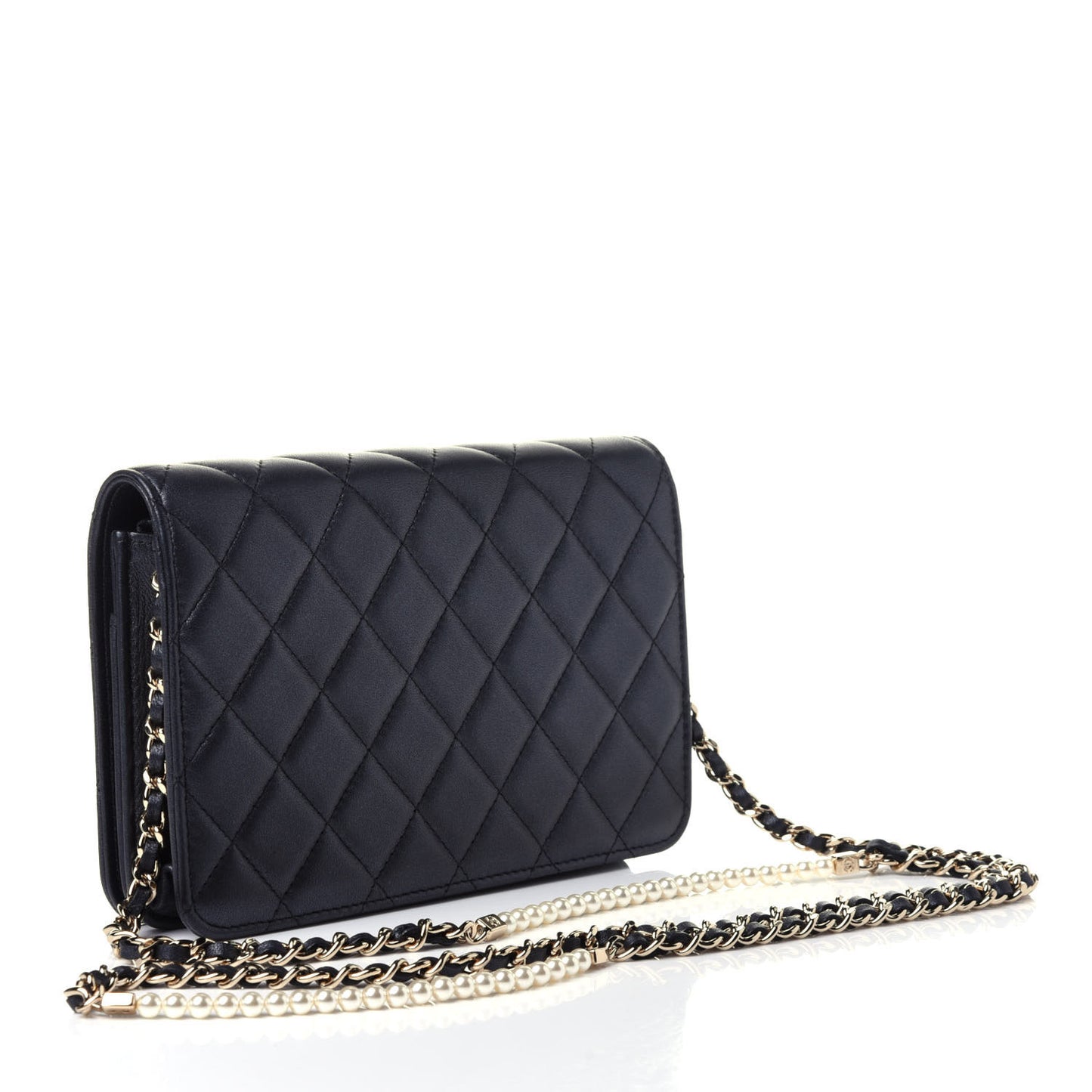 Iridescent Lambskin Quilted Pearl Wallet On Chain WOC Black