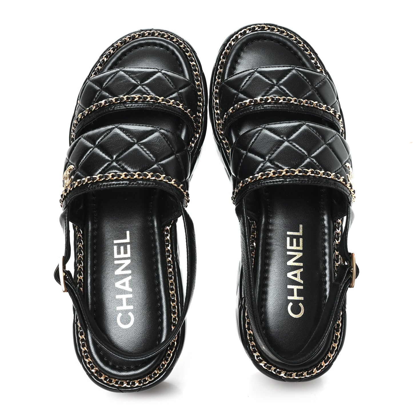 Shiny Lambskin Quilted Chain Around CC Platform Sandals 39 Black