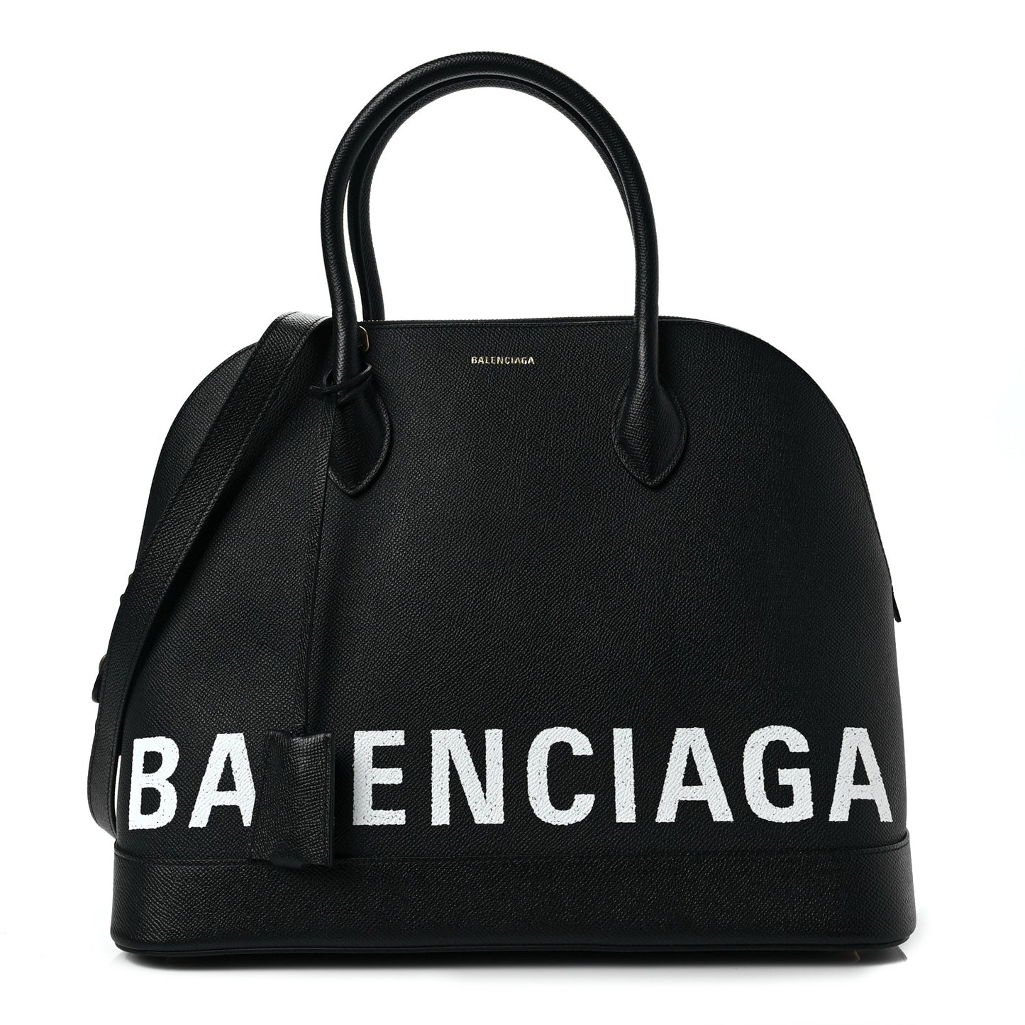 Signature Grained Calfskin Logo M Ville Top Handle Bag Black