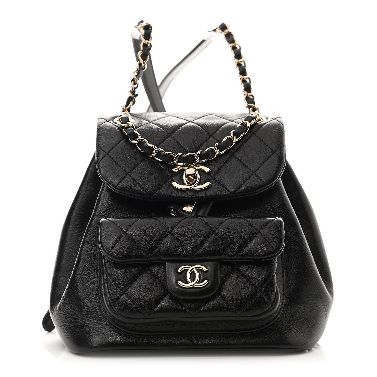 Glazed Aged Calfskin Quilted Small Duma Drawstring Backpack Black