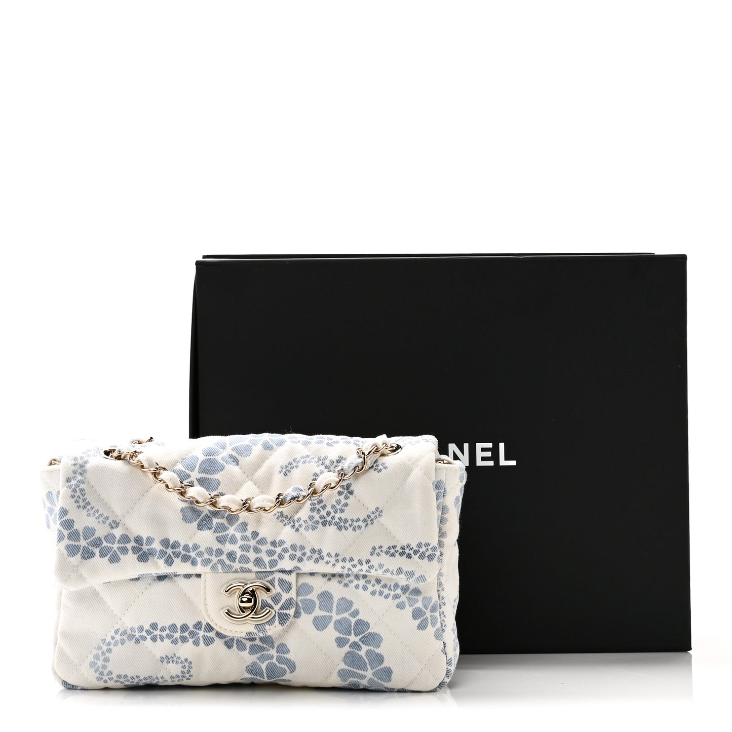 Printed Denim Coco Beach Quilted Small Single Flap Light Blue White