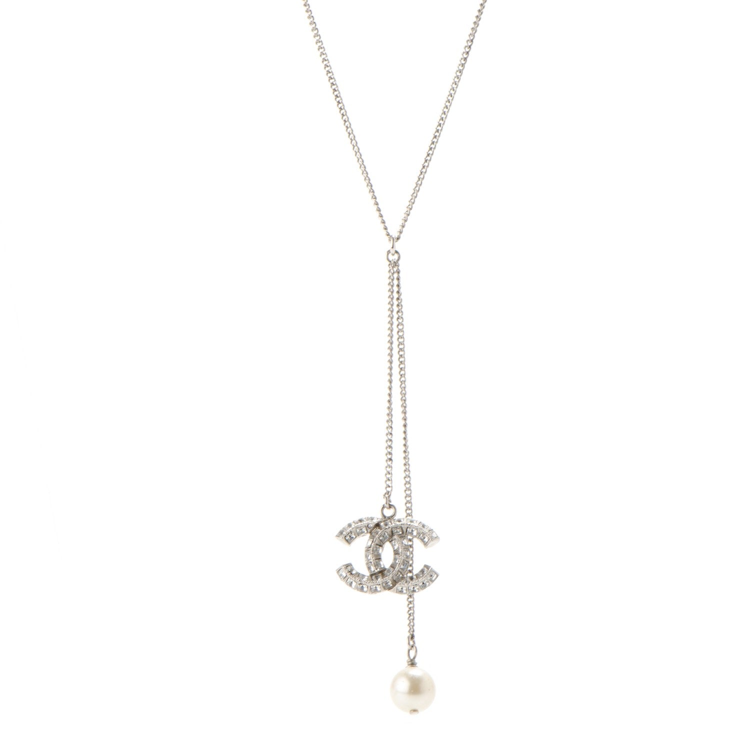 Chanel Baguette Crystal Pearl CC Lariat Necklace Silver 1 of 4