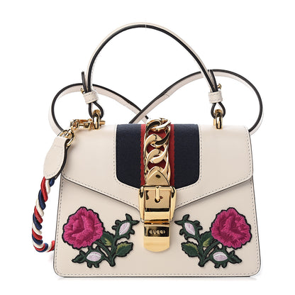 Gucci Calfskin Embroidered Mini Sylvie Top Handle Bag White 1 of 11