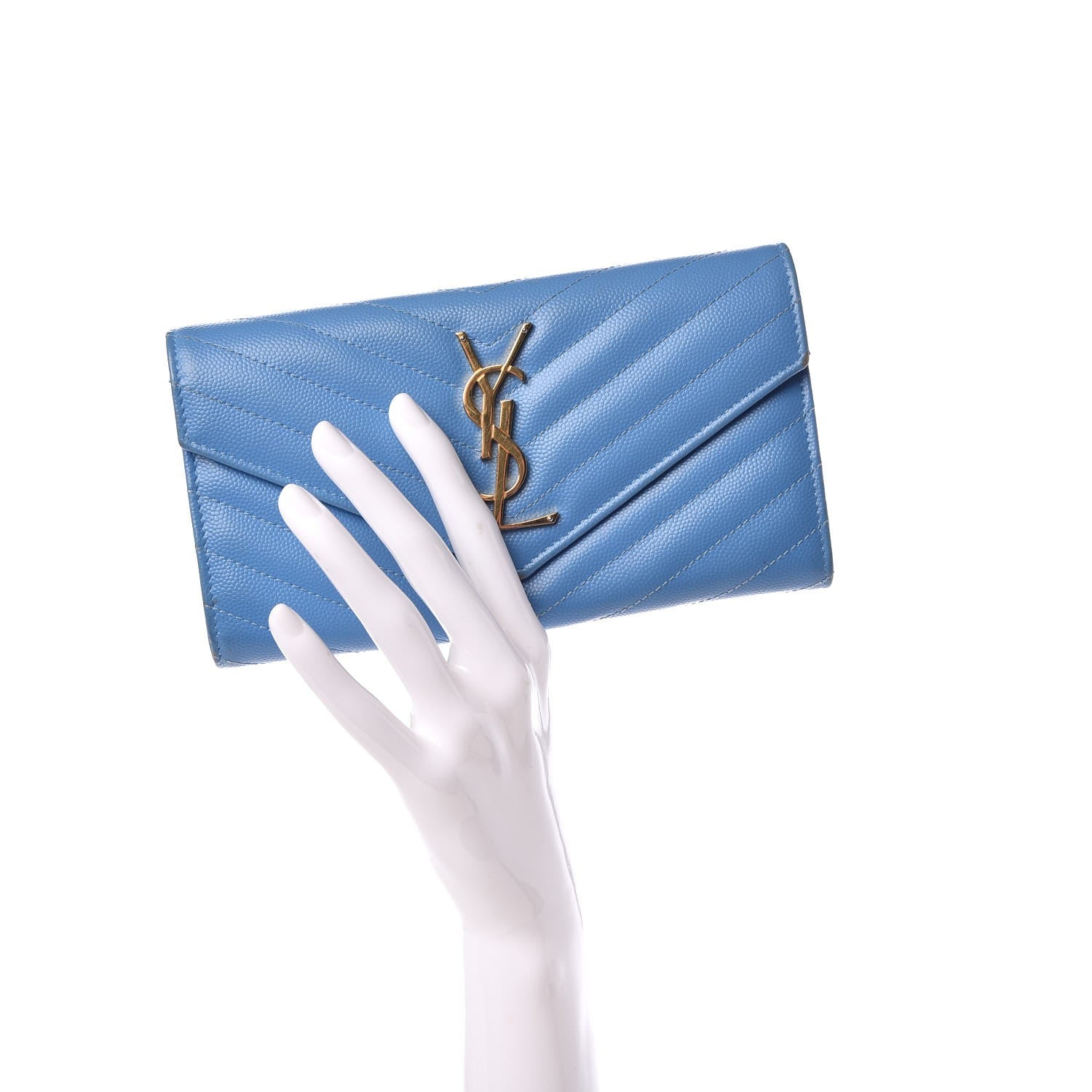 Saint Laurent Grain De Poudre Matelasse Large Monogram Flap Wallet Blue 2 of 12