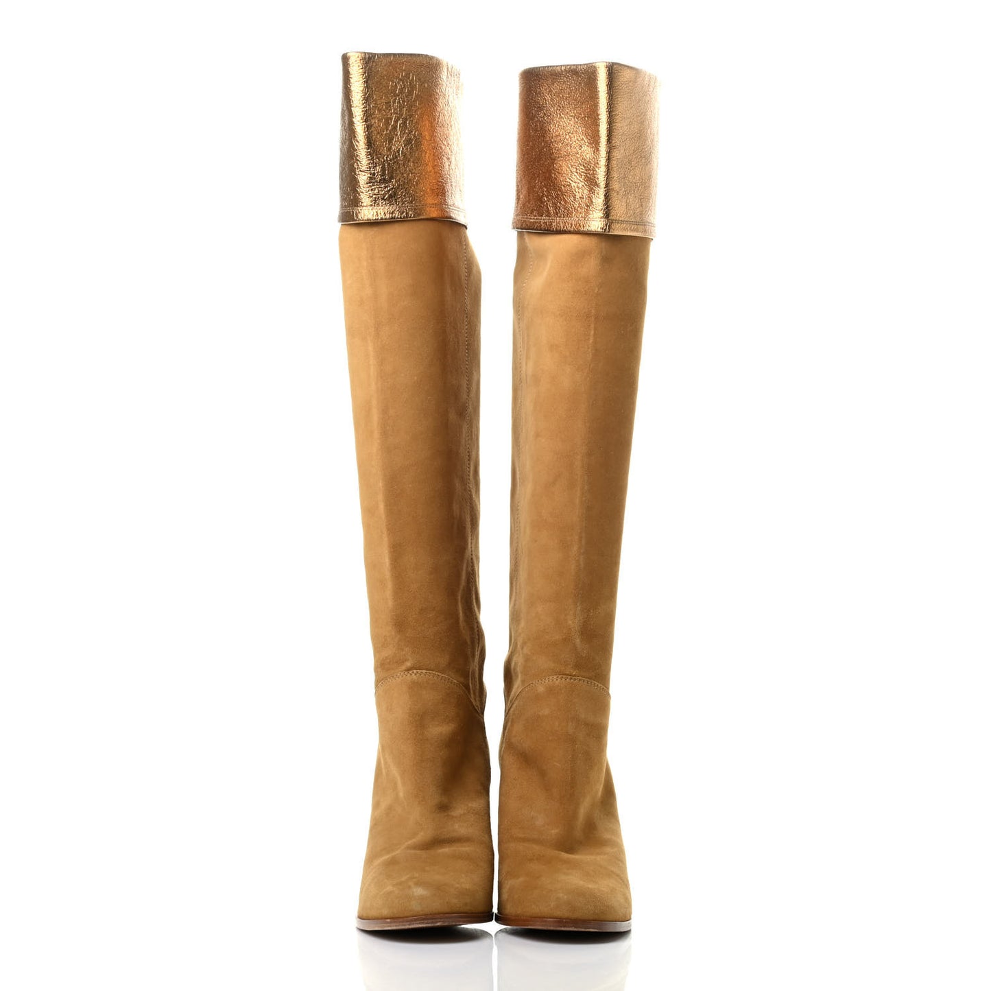 Kid Suede Metallic Lambskin CC Fold Over Knee High Boots 38.5 Dark beige