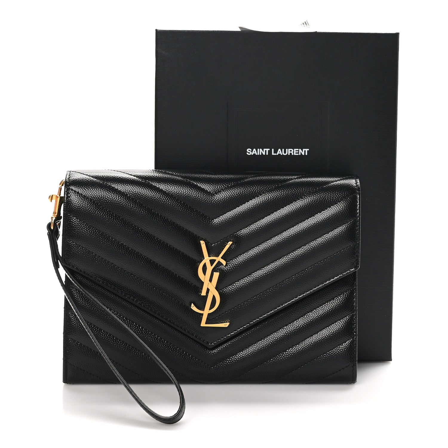 Saint Laurent Grain De Poudre Matelasse Chevron Monogram Envelope Clutch Black 8 of 8