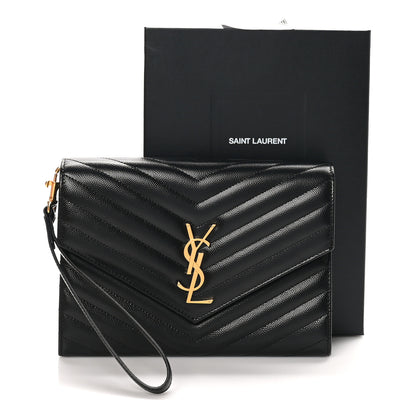 Saint Laurent Grain De Poudre Matelasse Chevron Monogram Envelope Clutch Black 8 of 8