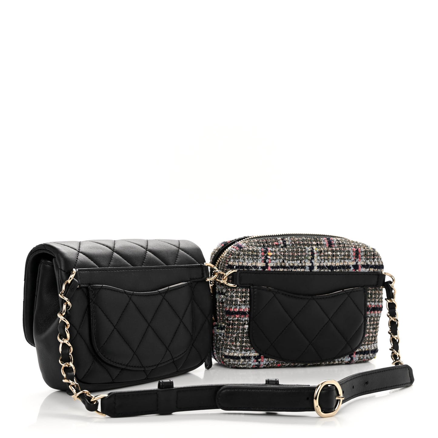 Tweed Lambskin Quilted Double Belt Bag Black