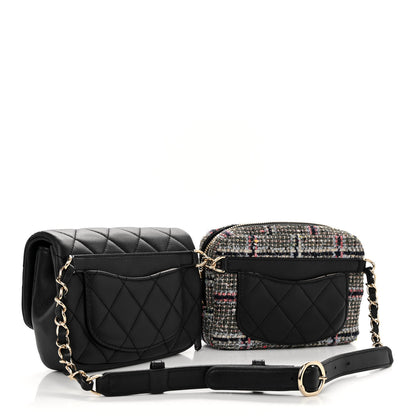 Chanel Tweed Lambskin Quilted Double Belt Bag Black 3 of 14