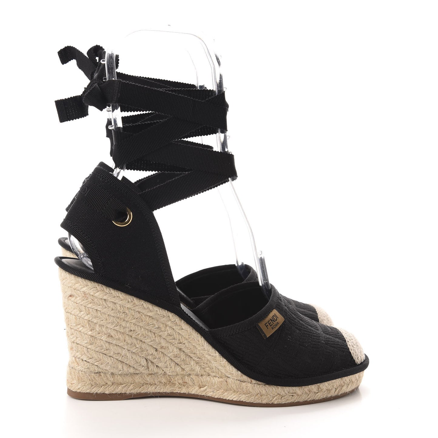 Canvas FF Embroidered Roma Ankle Wrap Espadrille Wedges 39 Black