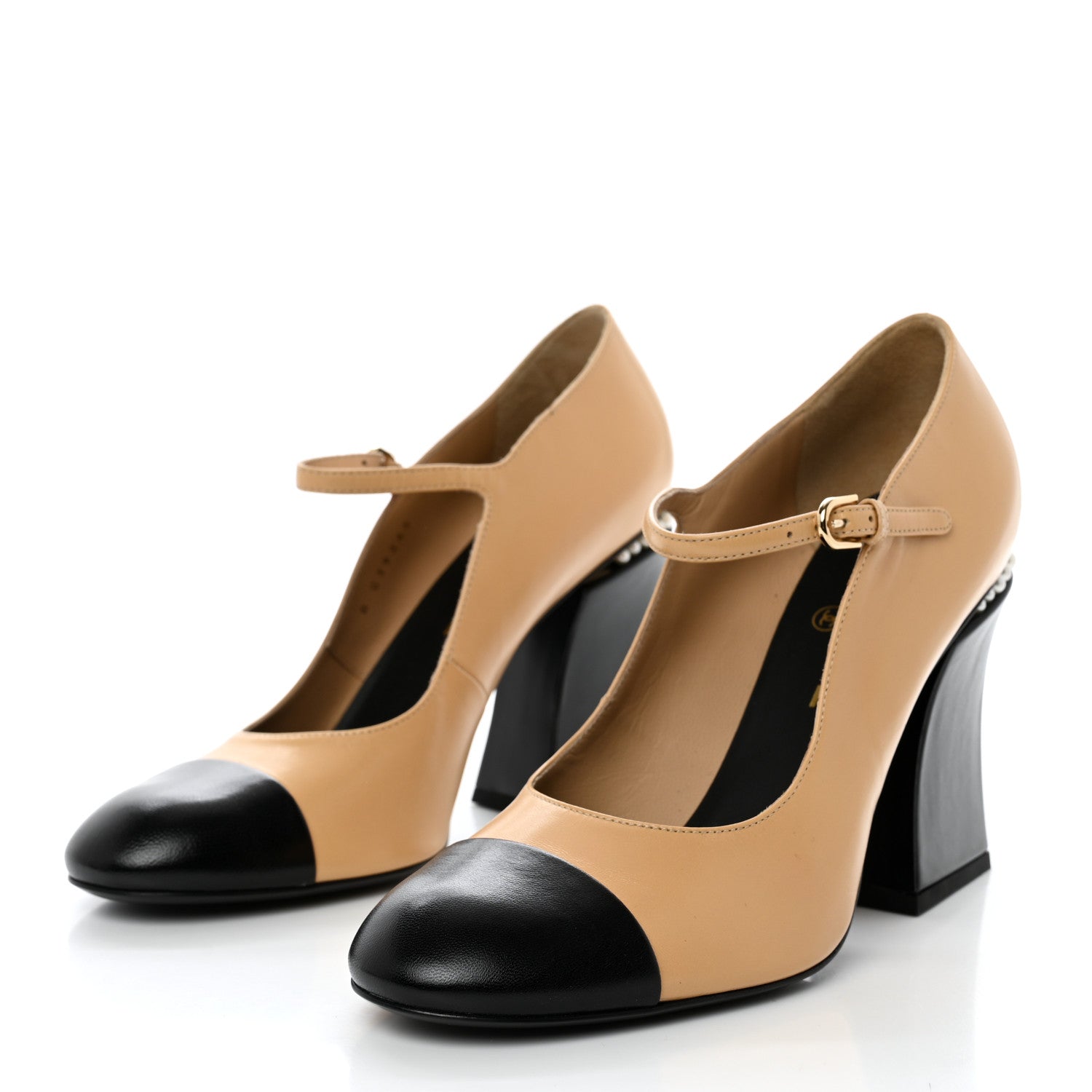 Chanel Shiny Goatskin Pearls Cap Toe Open Slingback Pumps 40 Beige Black 3 of 9
