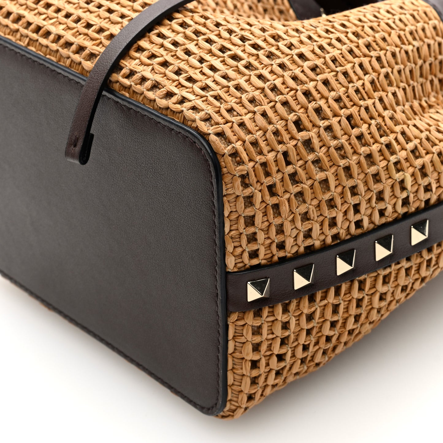 Raffia Calfskin Rockstud Drawstring Shoulder Bag Tobacco Cacao