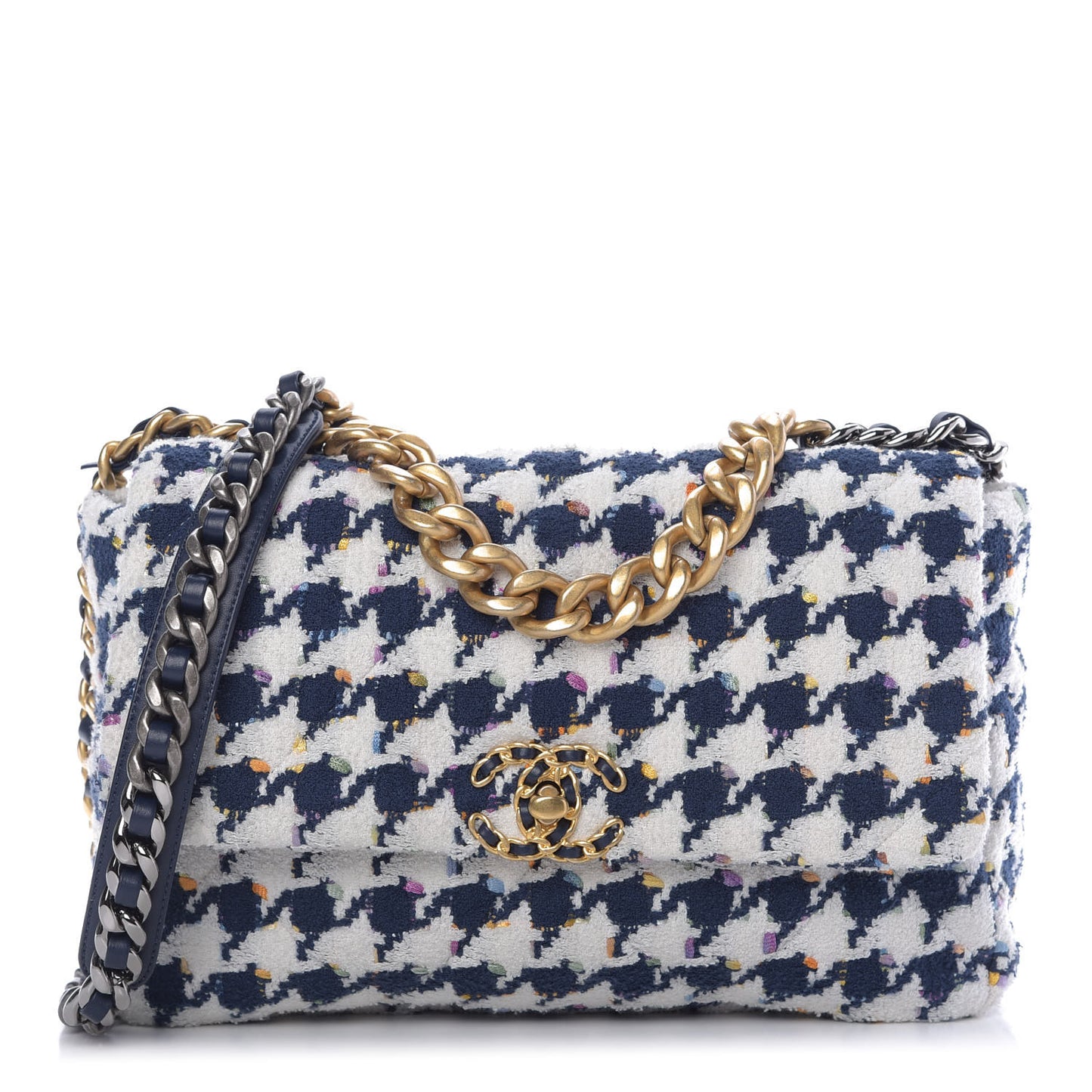 Tweed Quilted Large 19 Flap Ecru Navy Blue Multicolor