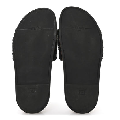 Fendi Shearling Logo Slide Sandals 38 Black Latte Brownie 6 of 8
