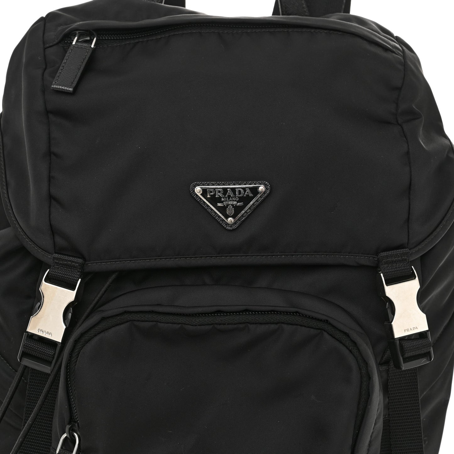 Re-Nylon Saffiano Logo Double Buckle Backpack Black