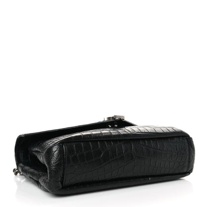 Saint Laurent Calfskin Crocodile Embossed College Monogram Satchel Black 4 of 8