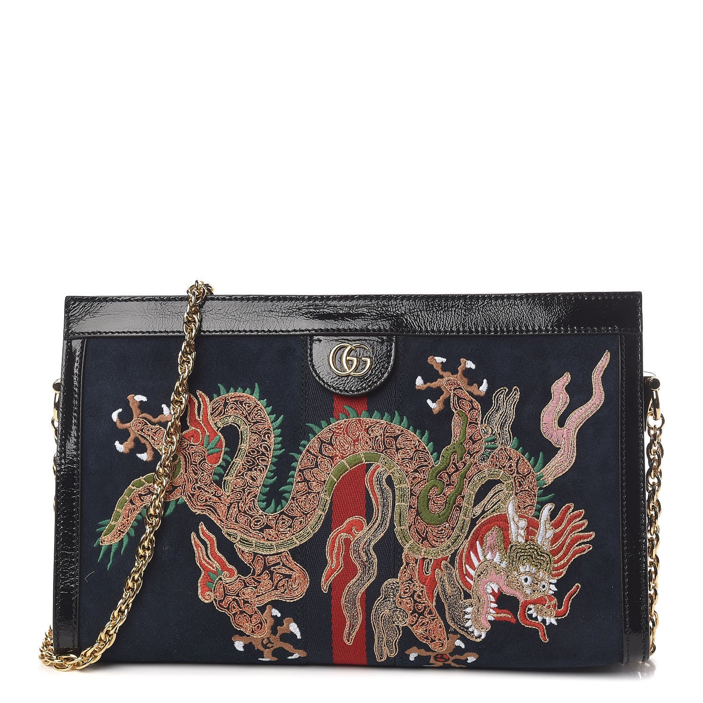 Suede Patent Web Dragon Embroidered Medium Ophidia Chain Shoulder Bag Blue Multicolor Black