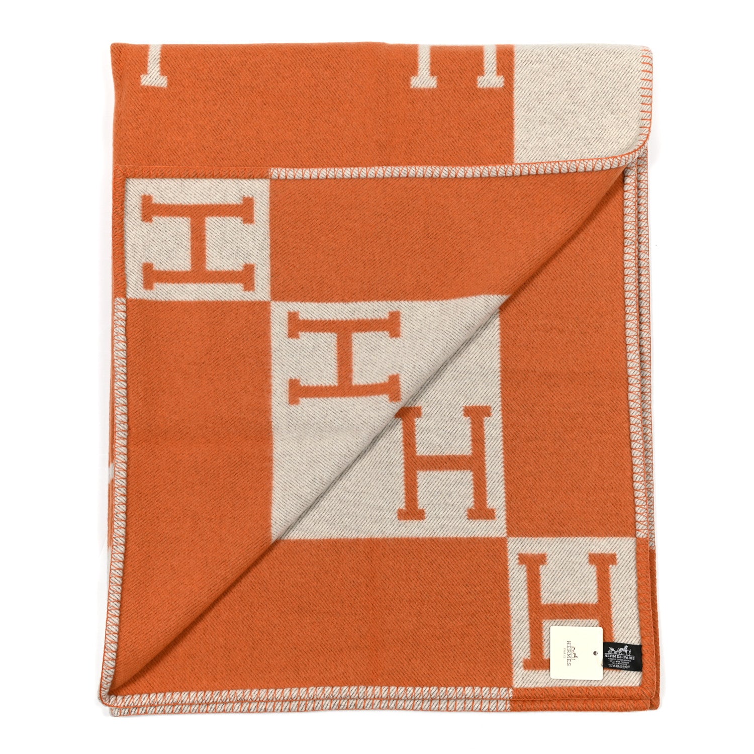 Hermes Wool Cashmere Signature Classic Avalon Blanket Ecru Potiron 2 of 3