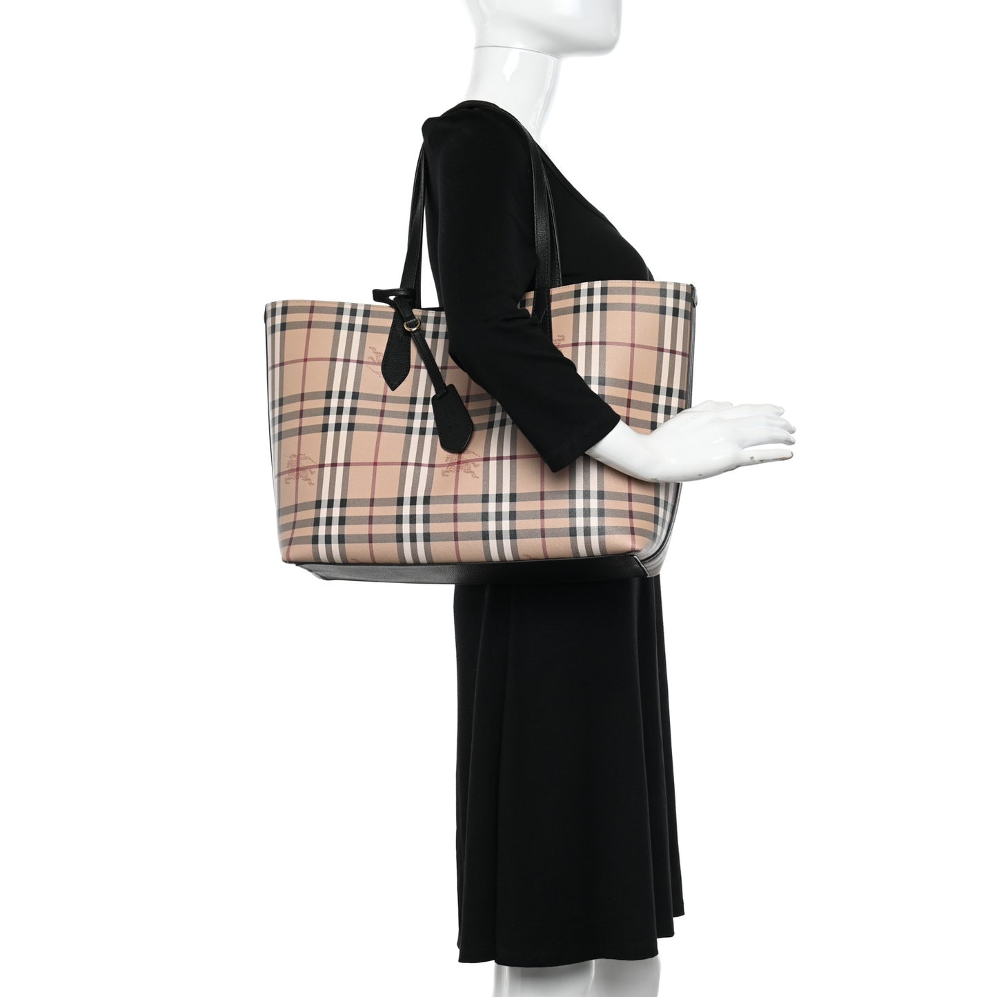 Grainy Calfskin Haymarket Check Medium Reversible Tote Black