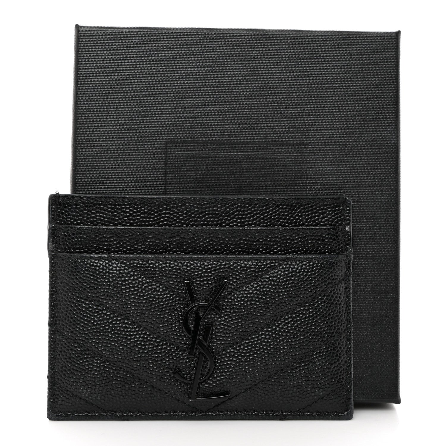Saint Laurent Grain De Poudre Matelasse Chevron Monochrome Monogram Credit Card Case Black 8 of 8