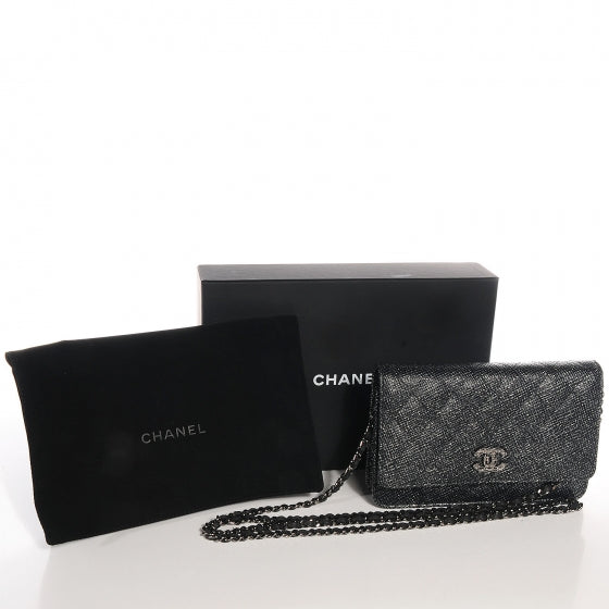 Glitter Calfskin Quilted Wallet on Chain WOC Black Silver