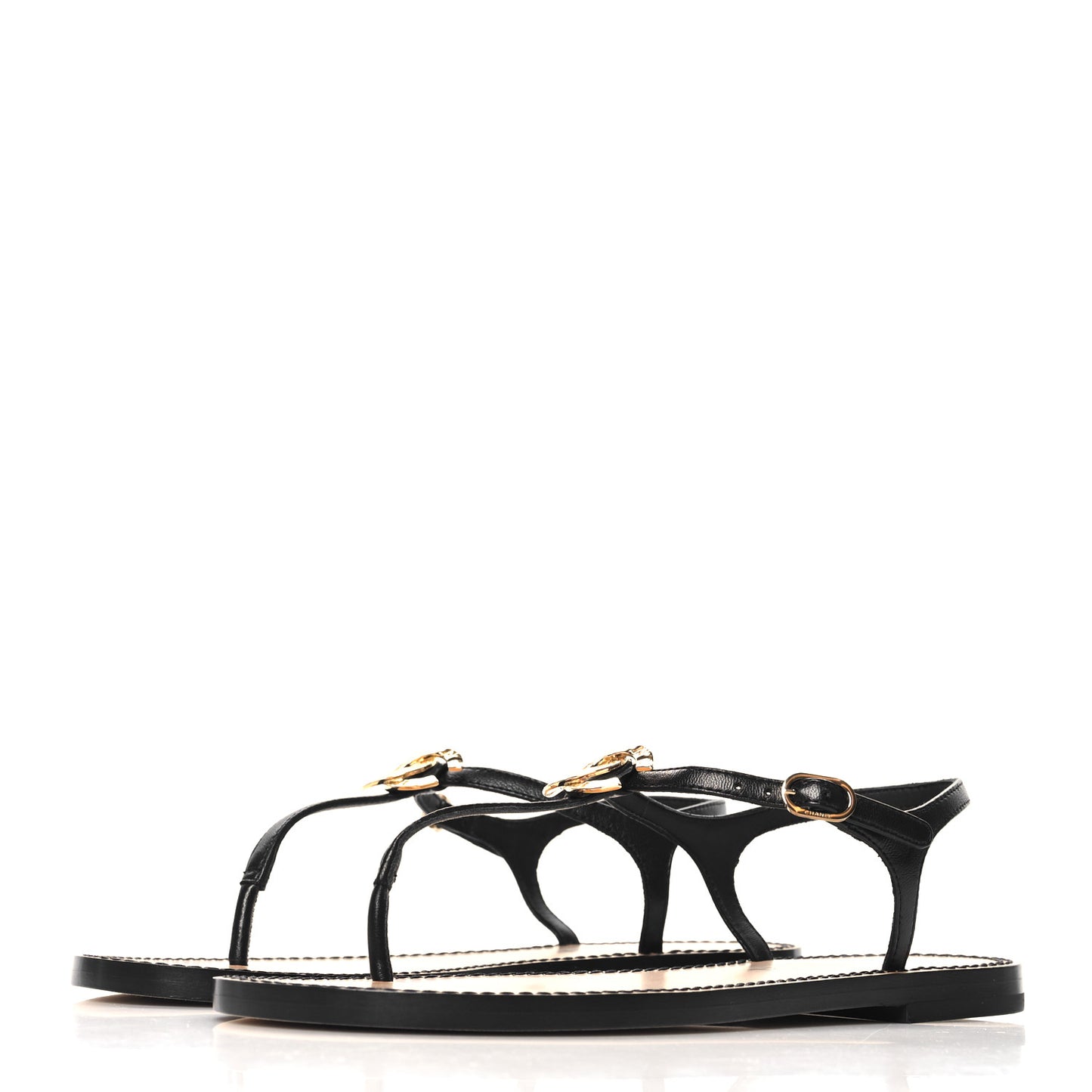 Lambskin CC Thong Sandals 38 Black Gold