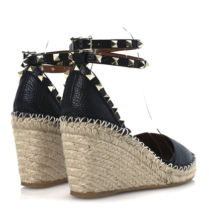 Valentino Garavani Grained Calfskin Rockstud Ankle Wrap Espadrille 15/85mm Wedges 38 Black Light Cuir 5 of 10