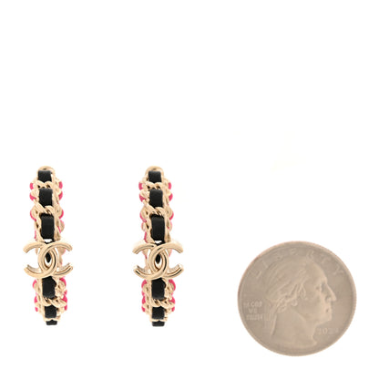 Chanel Lambskin Enamel CC Chain Hoop Earrings Gold Black Pink 2 of 5