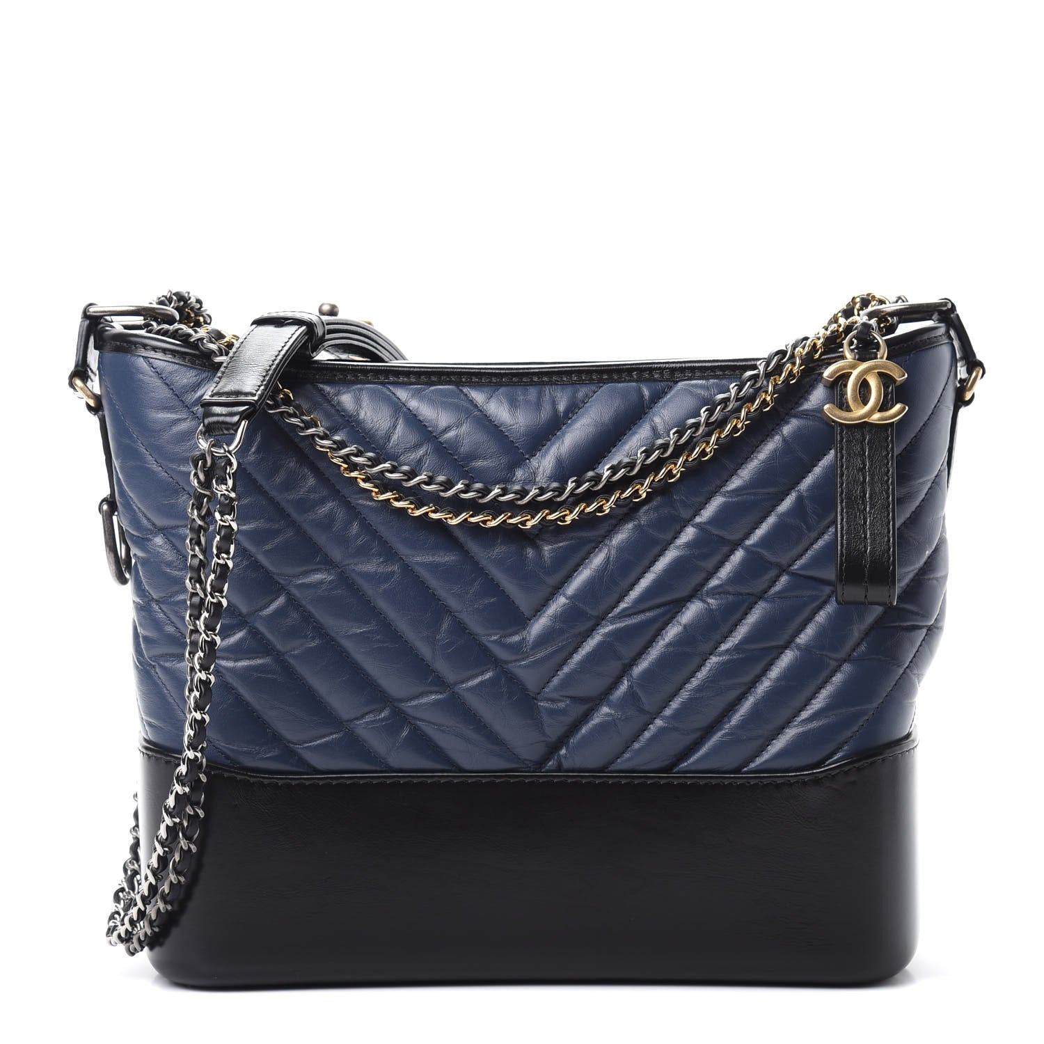 Chanel Aged Calfskin Chevron Quilted Medium Gabrielle Hobo Navy Black 1 of 10