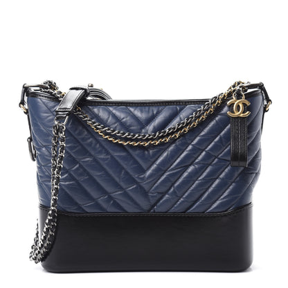 Chanel Aged Calfskin Chevron Quilted Medium Gabrielle Hobo Navy Black 1 of 10