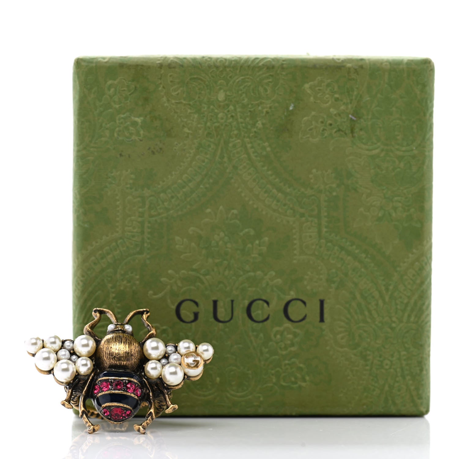 Gucci Metal Crystal Pearl Bee Ring 7.25 Aged Gold 13 of 13