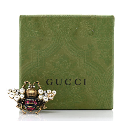 Gucci Metal Crystal Pearl Bee Ring 7.25 Aged Gold 13 of 13