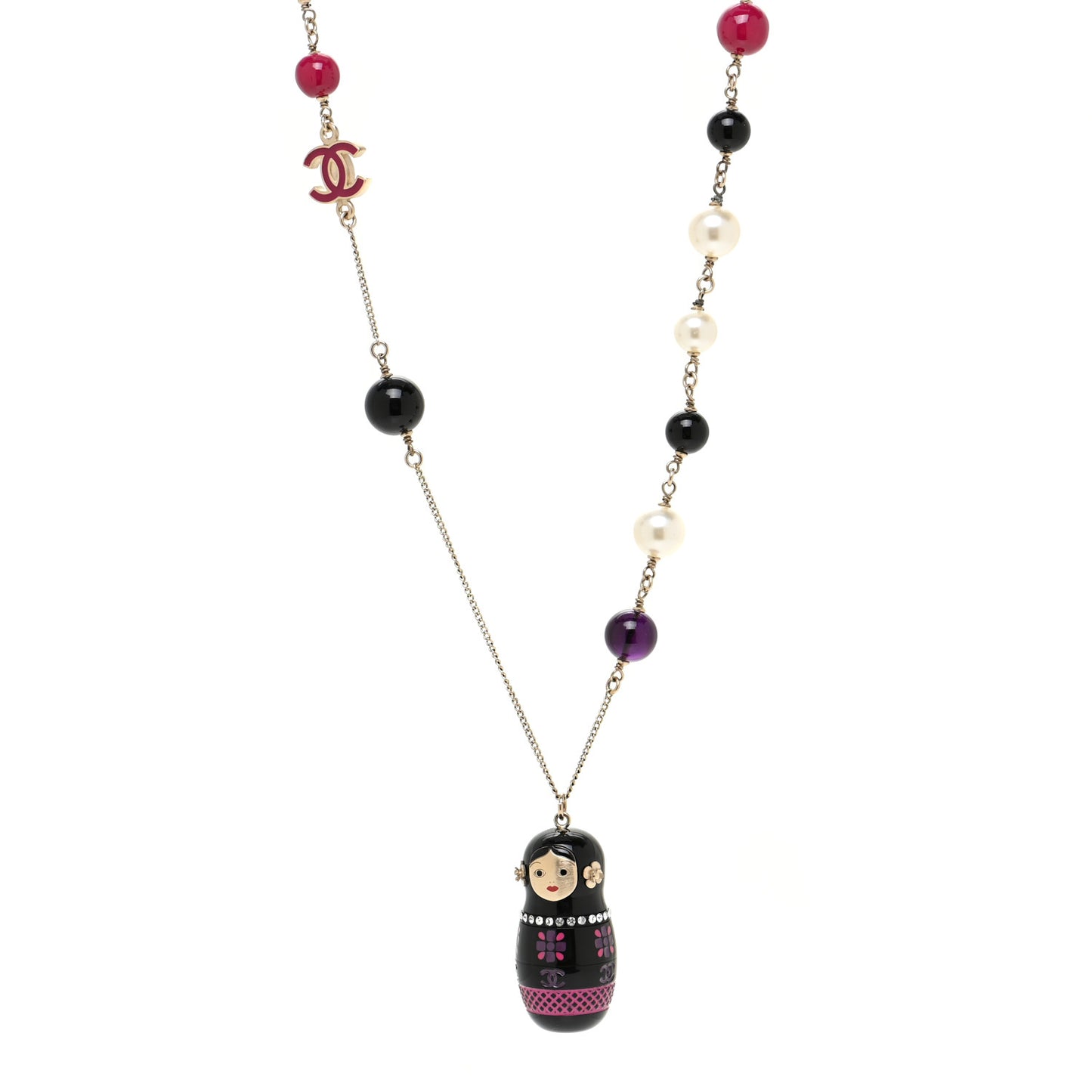 Resin Beaded Matryoshka Russian Doll Necklace Black Multicolor