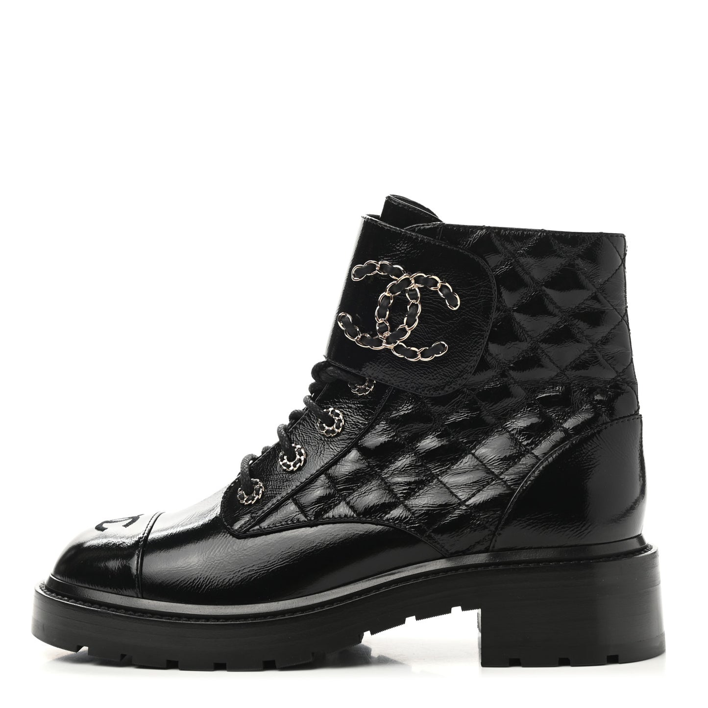 Shiny Lambskin Quilted Lace Up Combat Boots 40 Black