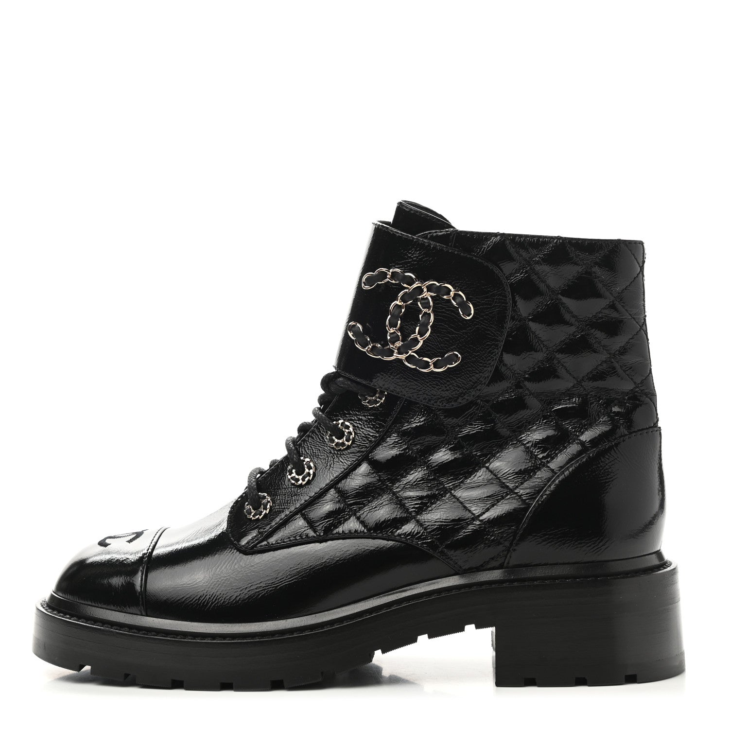 Chanel Shiny Lambskin Quilted Lace Up Combat Boots 40 Black 1 of 10