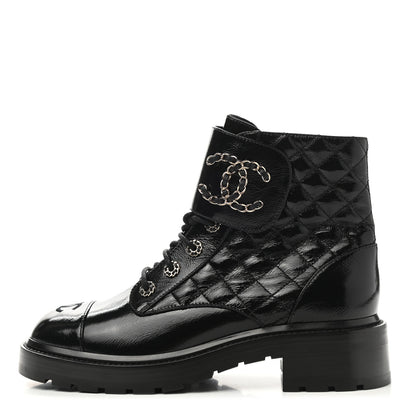 Chanel Shiny Lambskin Quilted Lace Up Combat Boots 40 Black 1 of 10