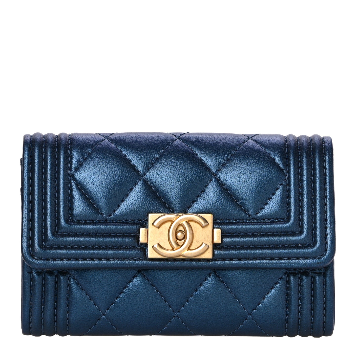 Metallic Lambskin Quilted Boy Flap Card Holder Blue