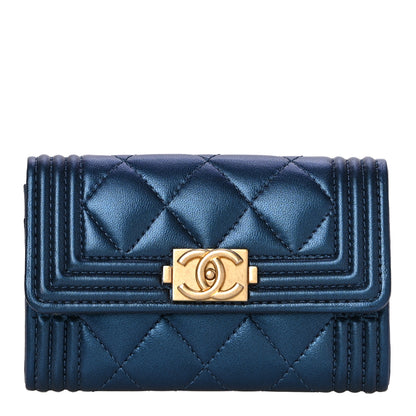 Chanel Metallic Lambskin Quilted Boy Flap Card Holder Blue 1 of 12
