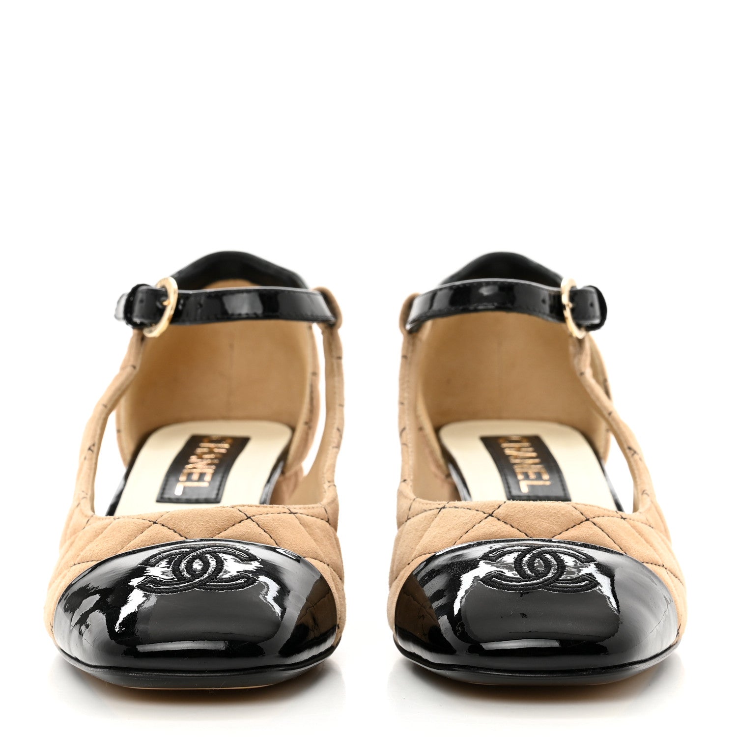 Chanel Suede Kidskin Patent Cap Toe Quilted Mary Jane Flats 37 Beige Black 2 of 9